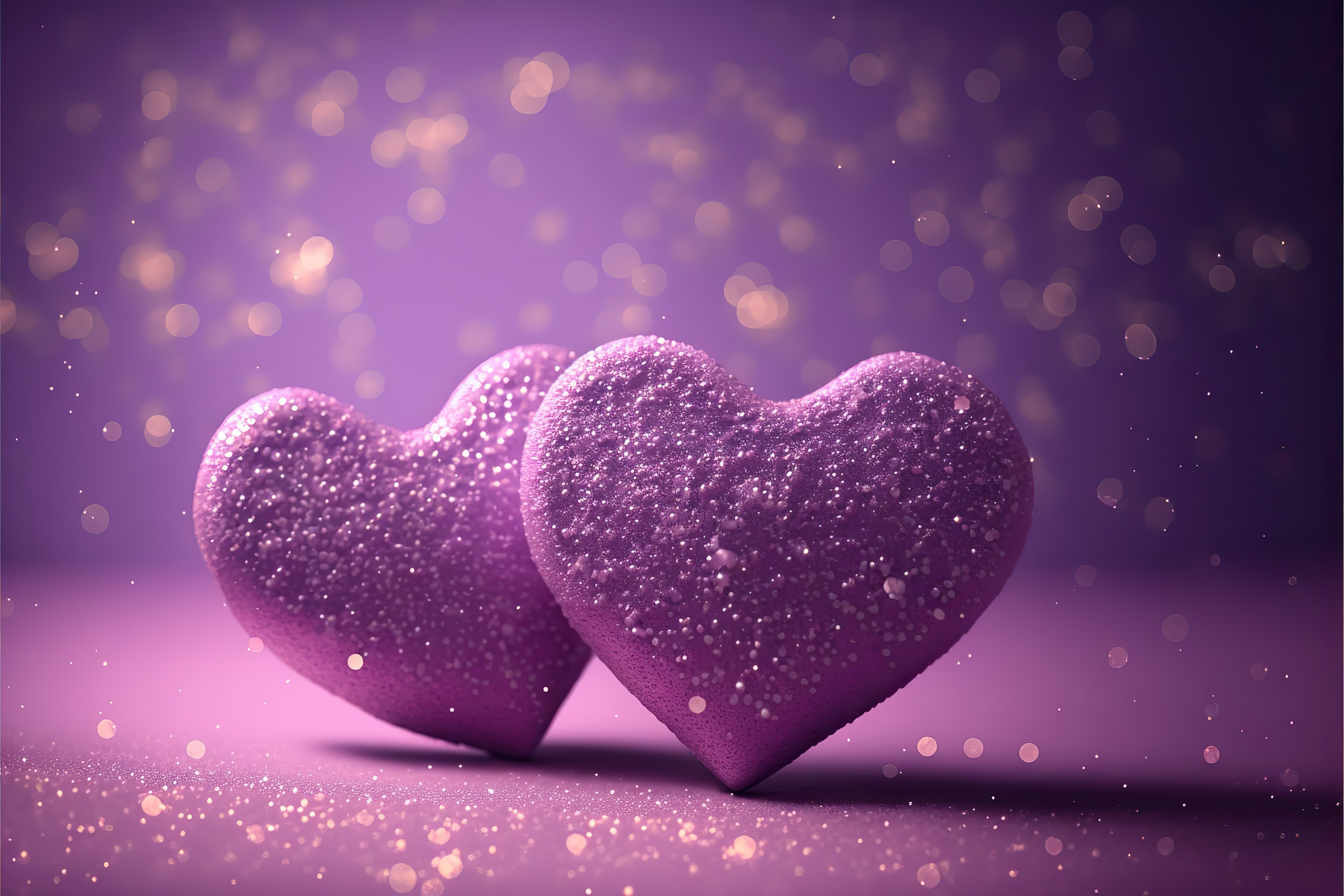 Two soft purple hearts on violet bokeh background