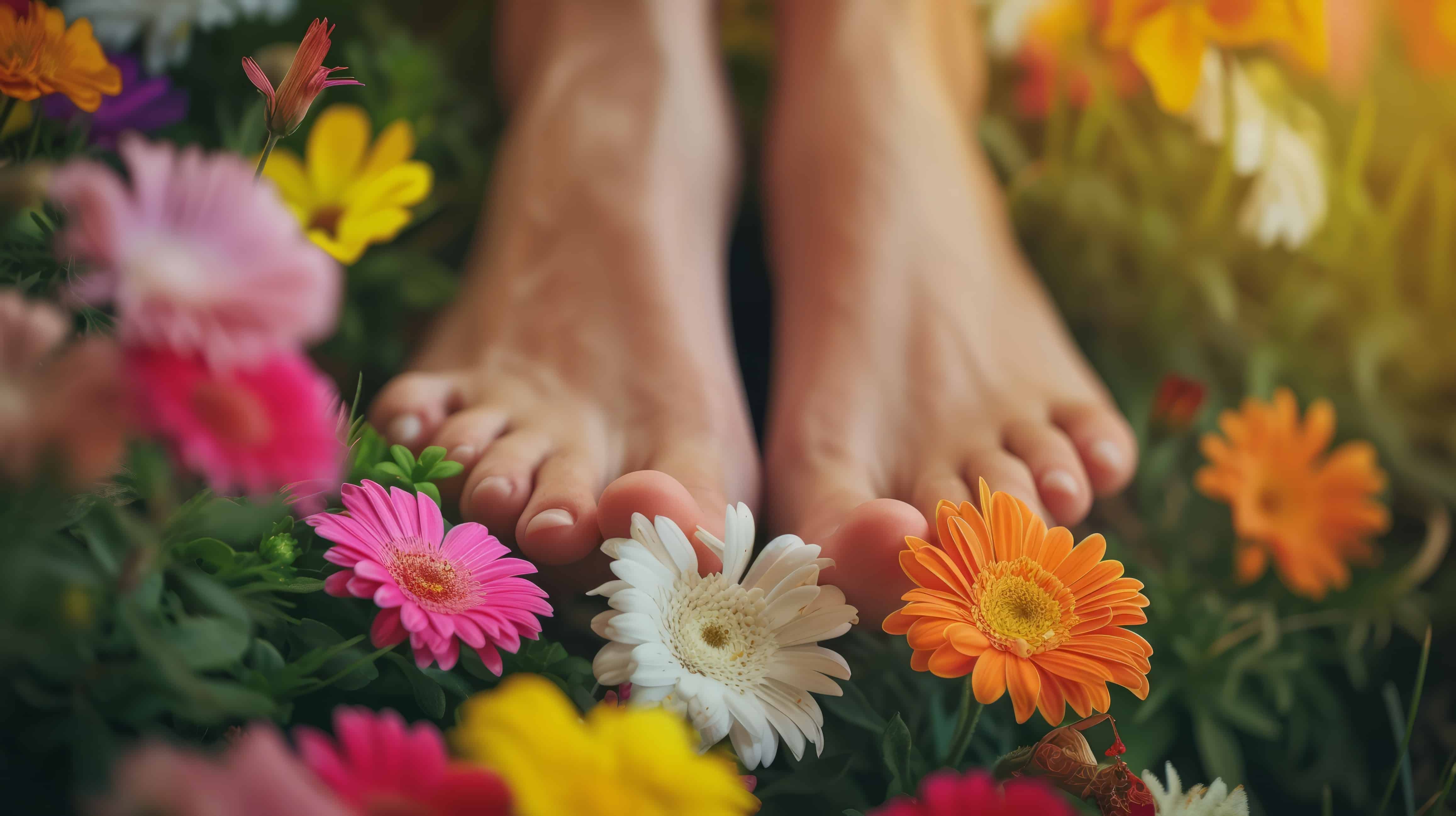 Bare Feet Amidst Blossoming Flowers in Springtime Garden