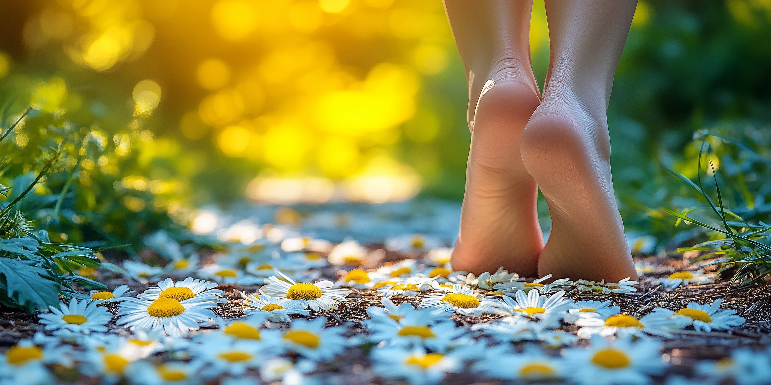 Barefoot woman walks on a daisy-strewn path in warm sunlight, creating a serene and peaceful scene. Focus on feet and nature's beauty.