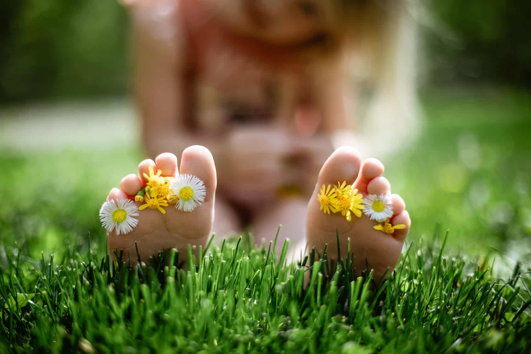 Wildflowers between little toes of child in grass