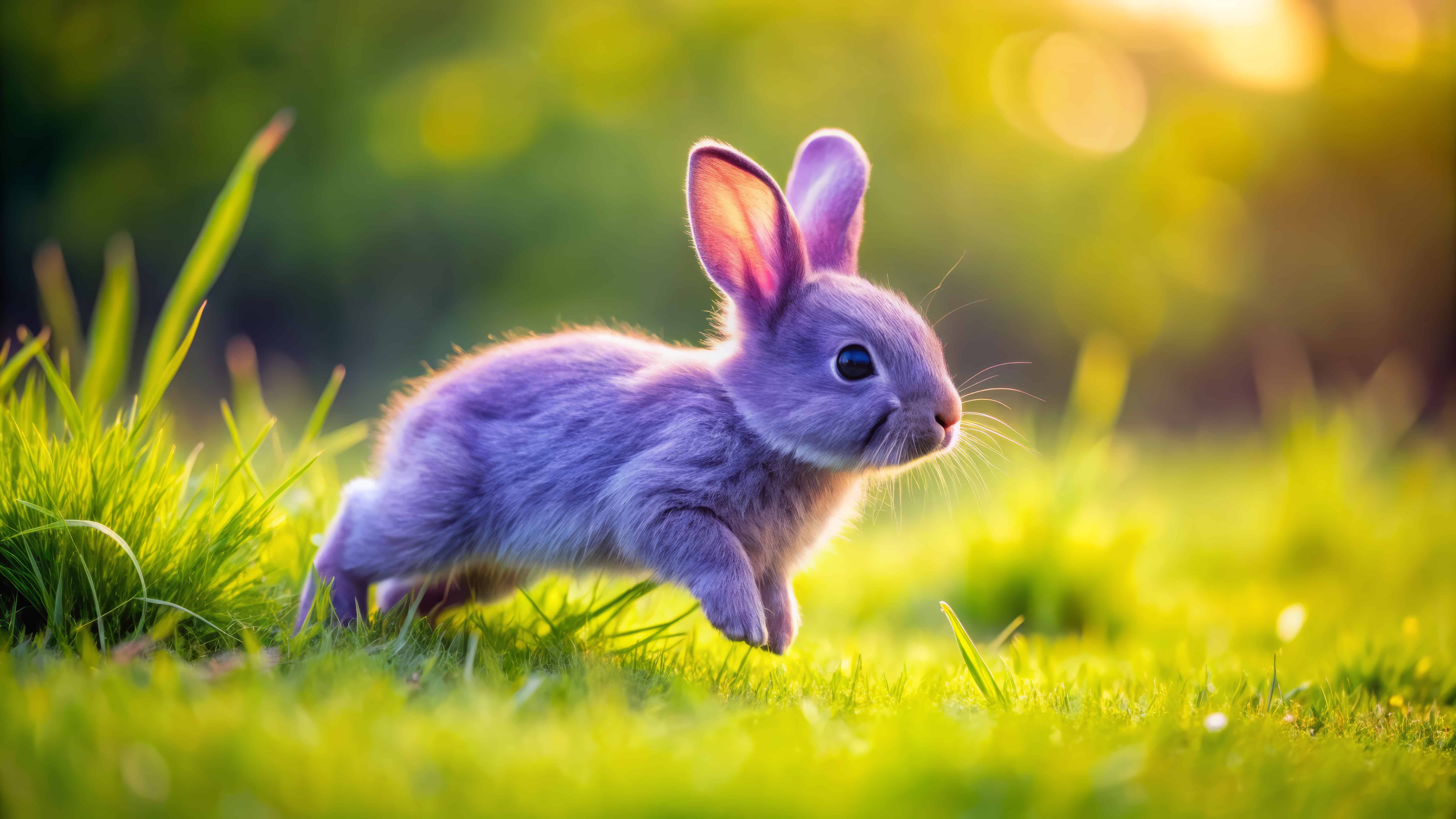 Cute purple bunny rabbit hopping in a field of green grass