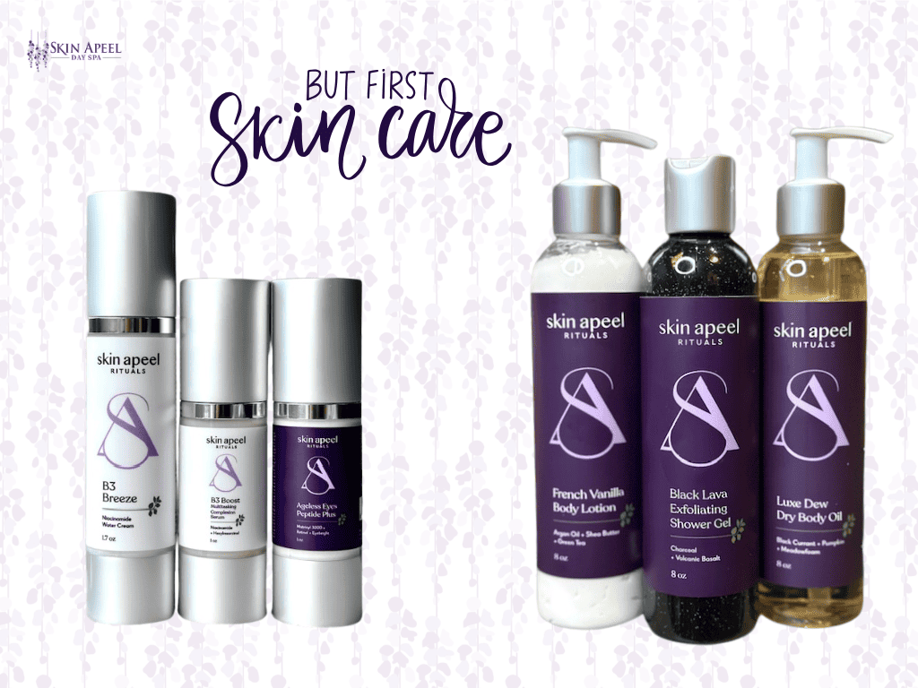 Skin Apeel Day Spa January promotion: "This year starts with you." A smiling woman with glowing skin rests her chin on her hands against a soft purple background.