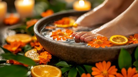 A bowl filled with water and flowers and oranges is placed on a table. The water is deep enough to cover the bottom of the bowl, and the flowers and oranges are scattered around it