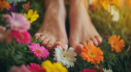 Bare Feet Amidst Blossoming Flowers in Springtime Garden
